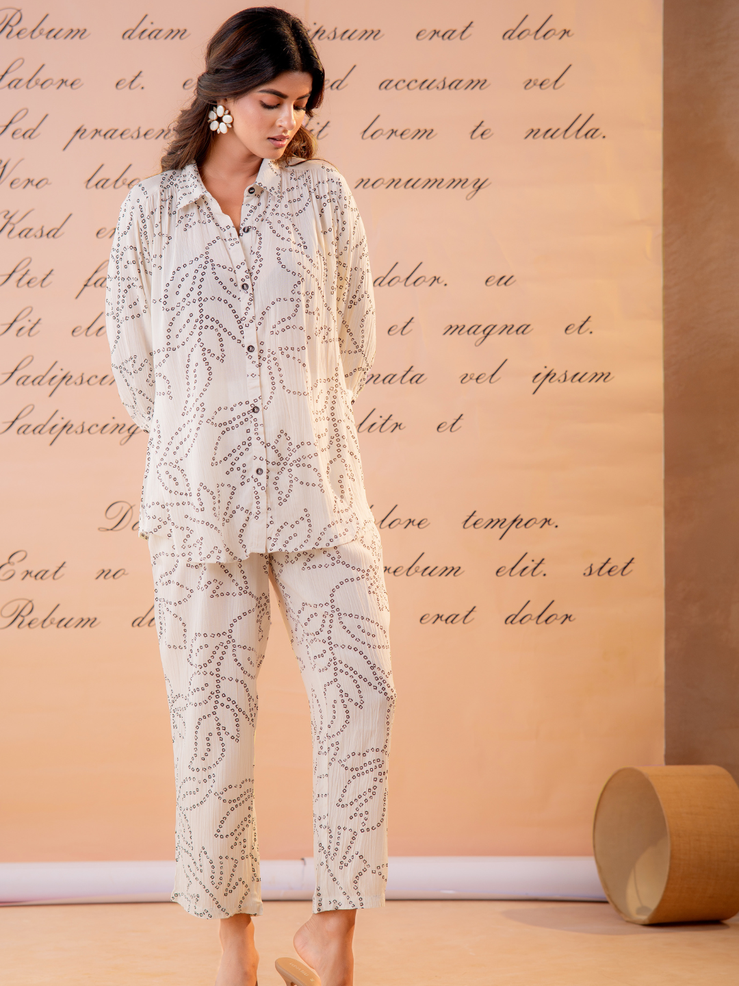 White Swarovski Pure Cotton Linen Printed Co-Ord Set for Women