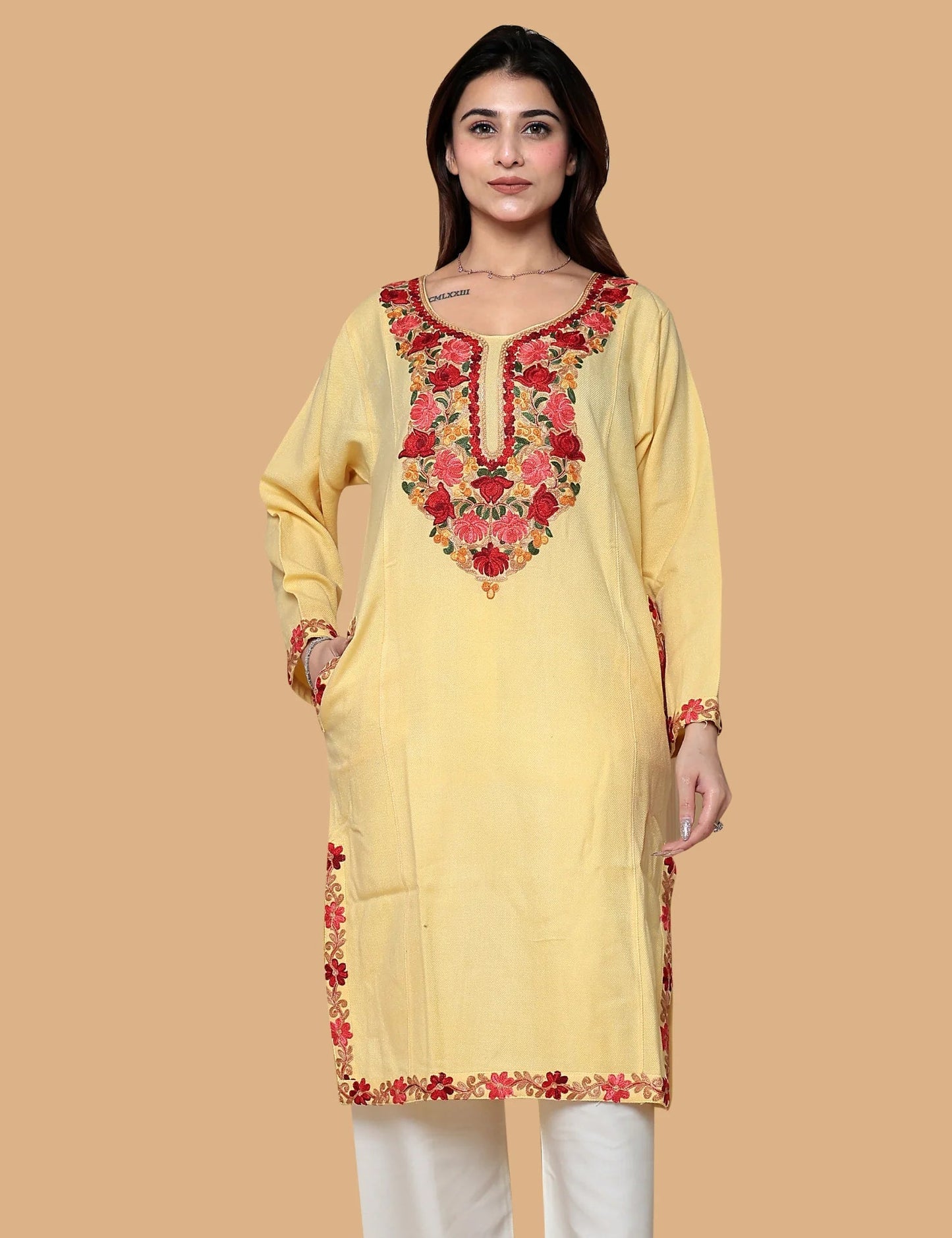 Yellow Kashmiri woolen phiran for women with Aari embroidery