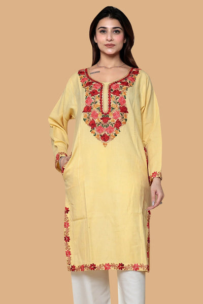 Yellow Kashmiri Woolen Phiran for Women - Aari Embroidery