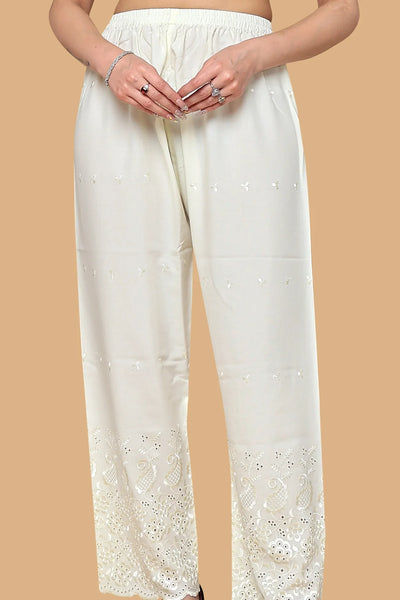 Cream Cotton Palazzo with Embroidery