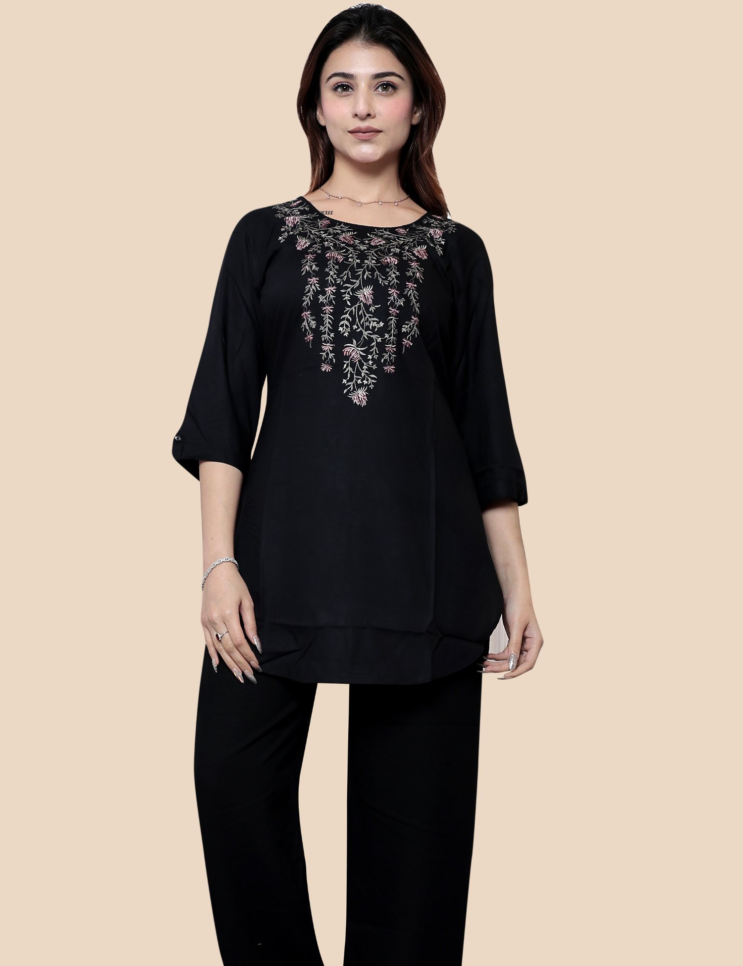 Black short embroidered kurti for women