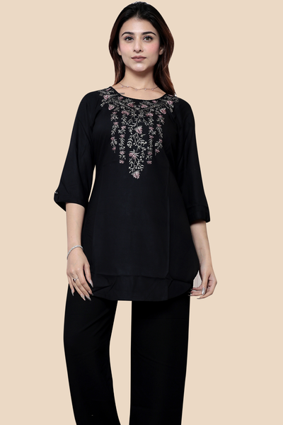 Black Short Embroidered Kurti for Women