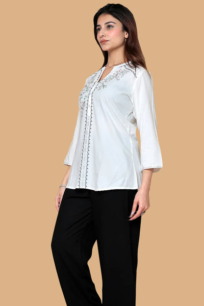 White Embroidered Cotton Short Kurti for Women
