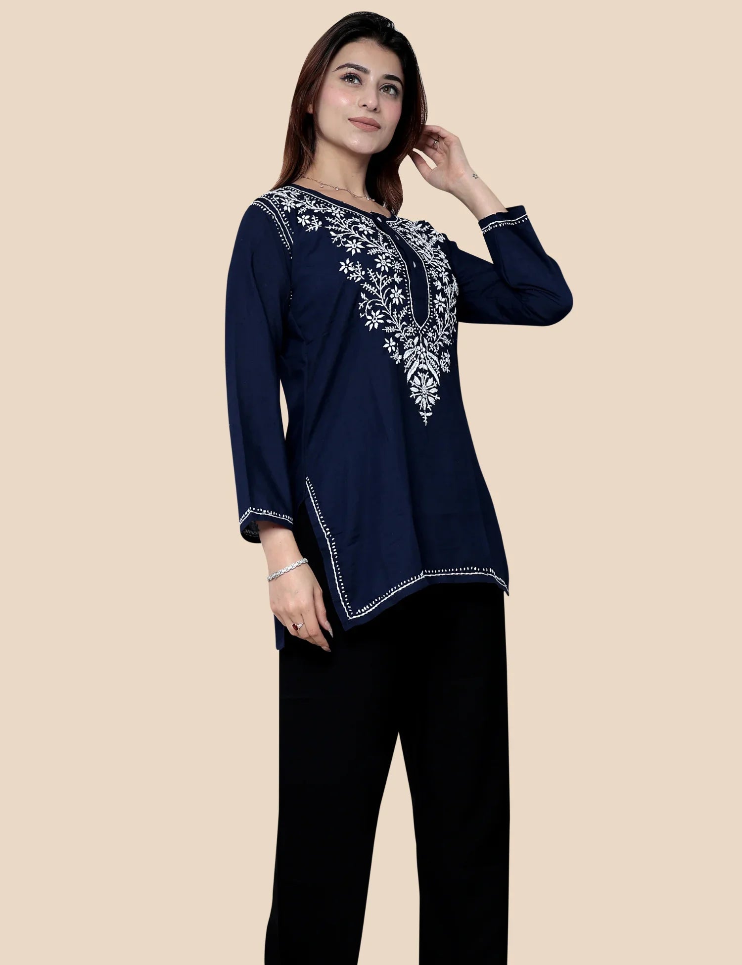 Navy blue kurti embroidery detail