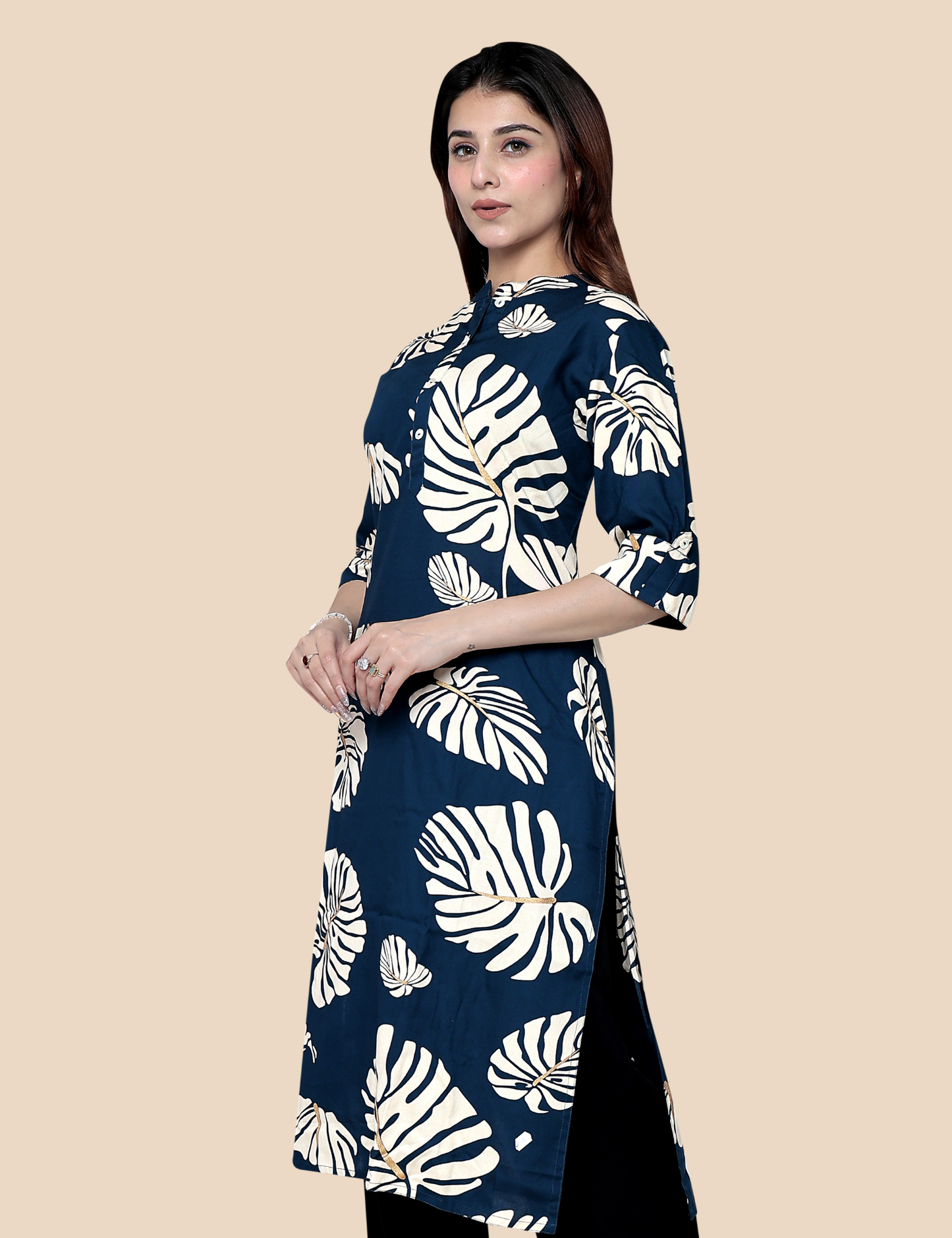 Navy Blue Printed Long KURTI
