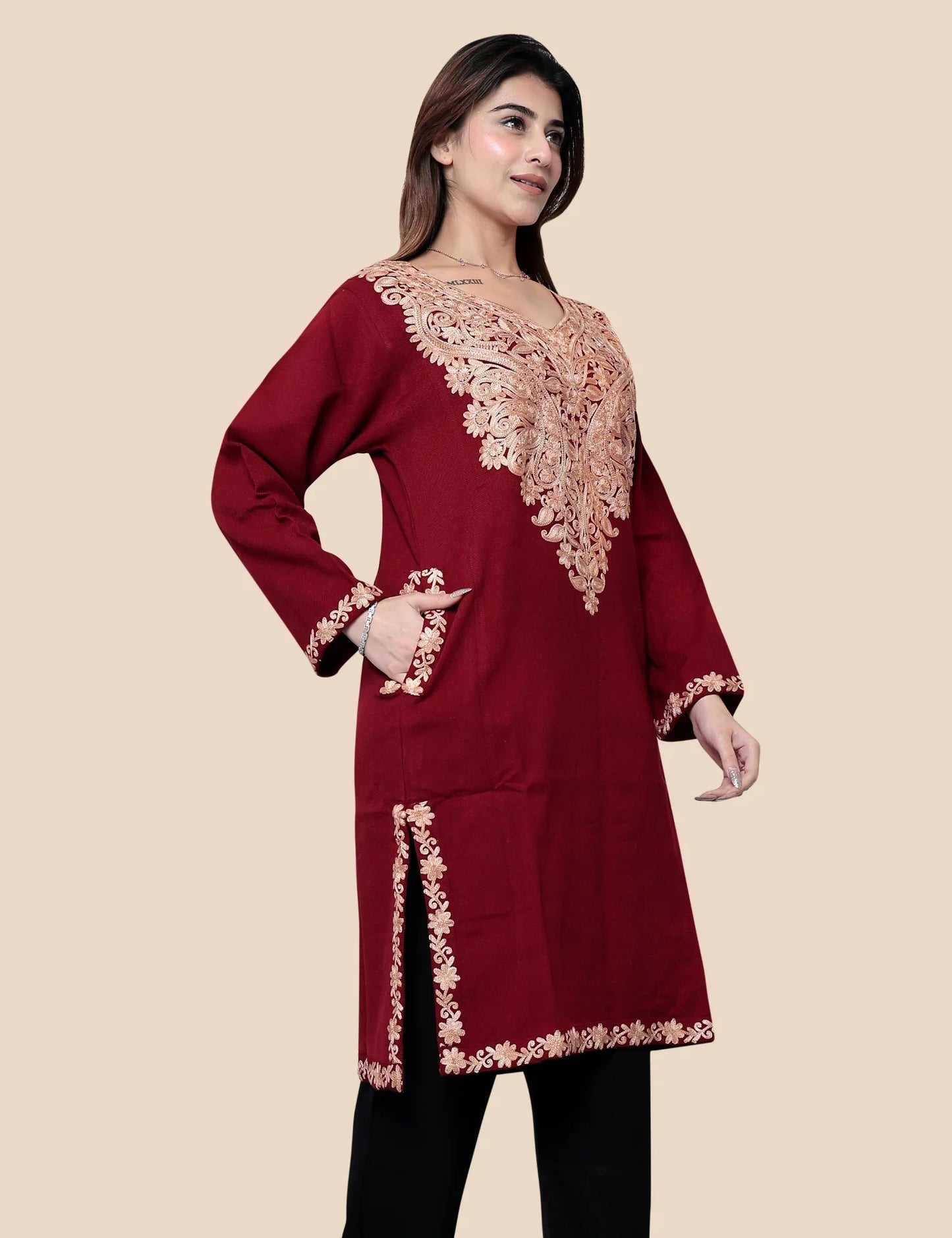 Red Kashmiri phiran - front view