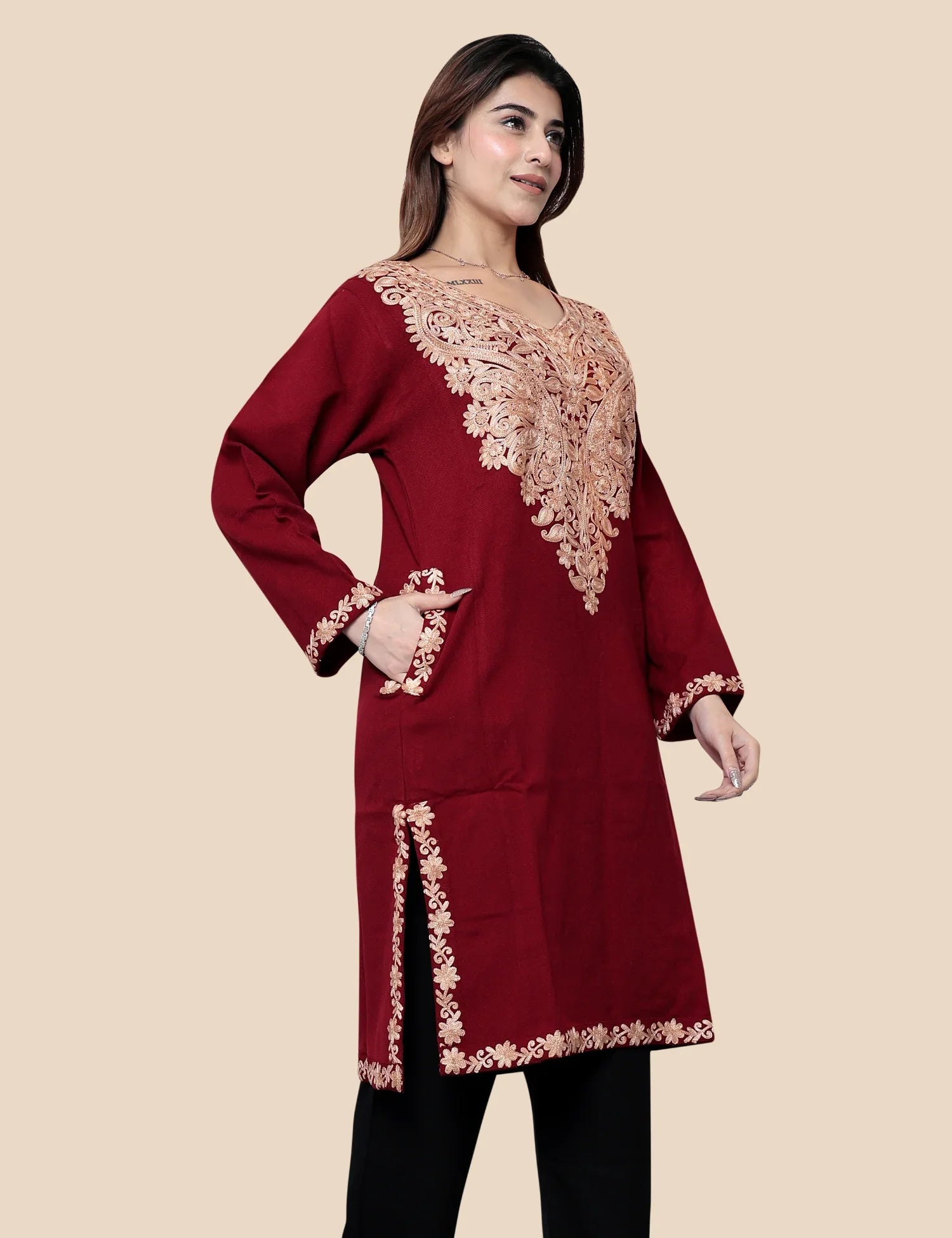 Red Kashmiri phiran - front view