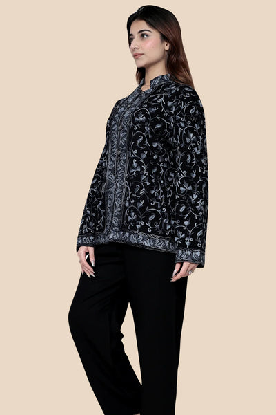 Black Woolen Short Coat for Women - Kashmiri Craftsmanship