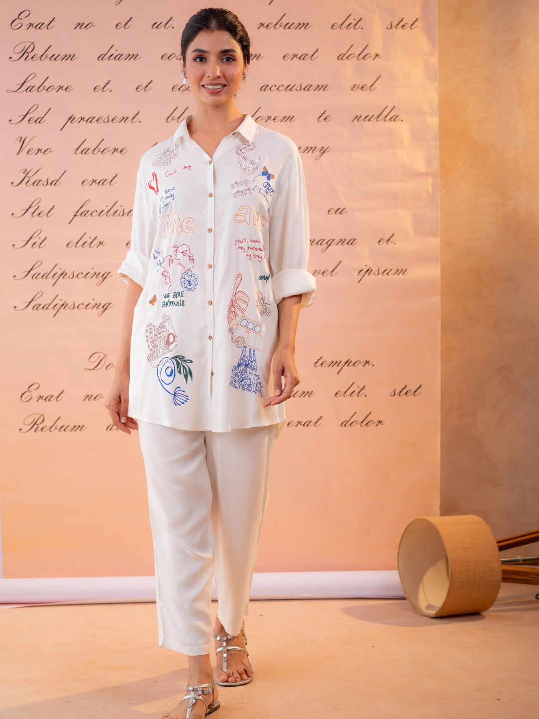 White Pure Cotton Linen Hand Embroidered Co-Ord Set for Women