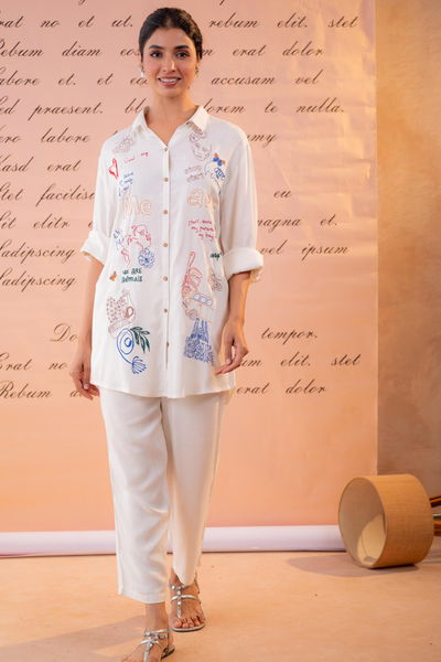 White Pure Cotton Linen Hand Embroidered Co-Ord Set for Women