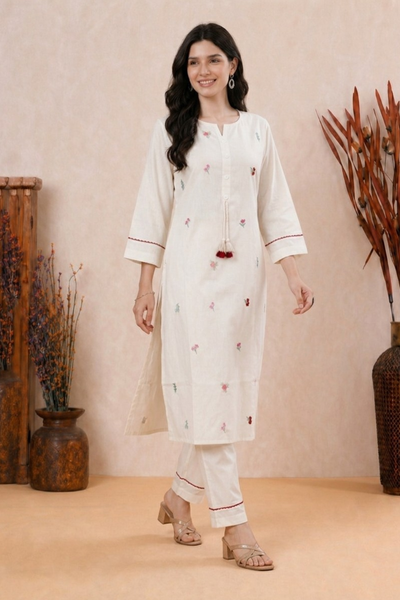 White Pure Cotton 2-Piece Coord Set with Pakistani Style Embroidery for Women