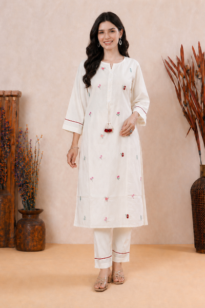 White Pure Cotton 2-Piece Coord Set with Pakistani Style Embroidery for Women