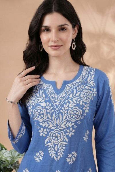 Sky Blue Rayon Short Kurti with Hand Lakhnavi Embroidery for Women