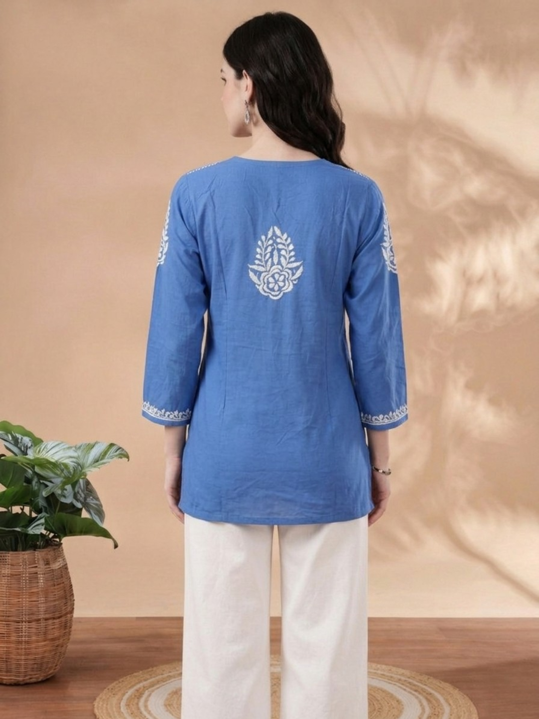 Sky Blue Rayon Kurti Lakhnavi embroidery detail