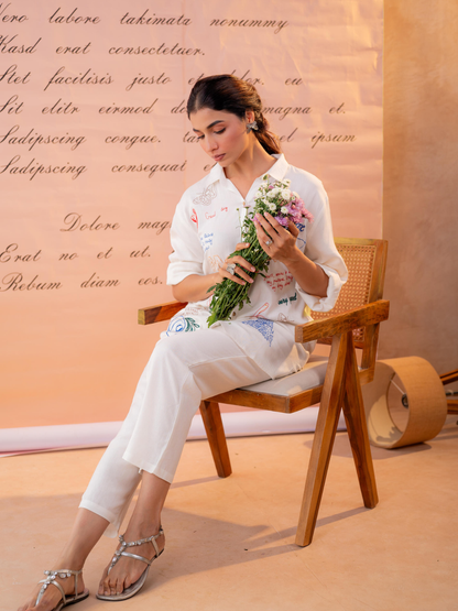 White Pure Cotton Linen Hand Embroidered Co-Ord Set for Women