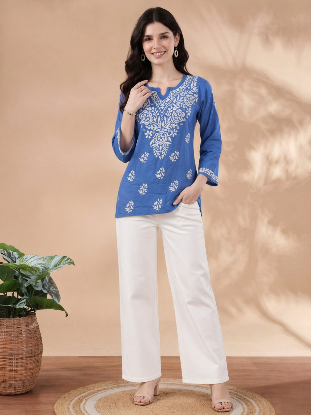 Sky Blue Rayon Short Kurti with Hand Lakhnavi Embroidery for Women