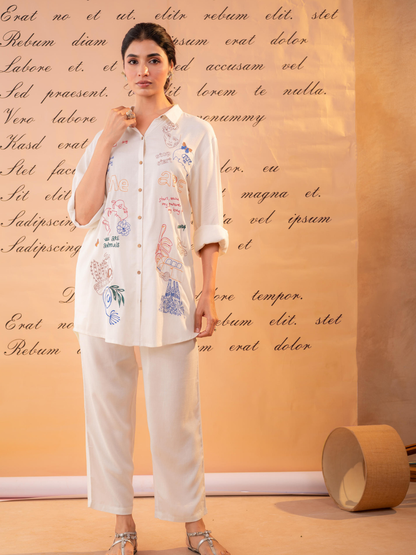 White Pure Cotton Linen Hand Embroidered Co-Ord Set for Women