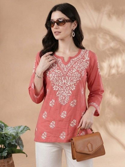 Peach Rayon Short Kurti with Hand Lakhnavi Embroidery for Women