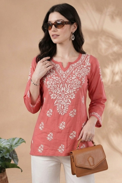 Peach Rayon Short Kurti with Hand Lakhnavi Embroidery for Women