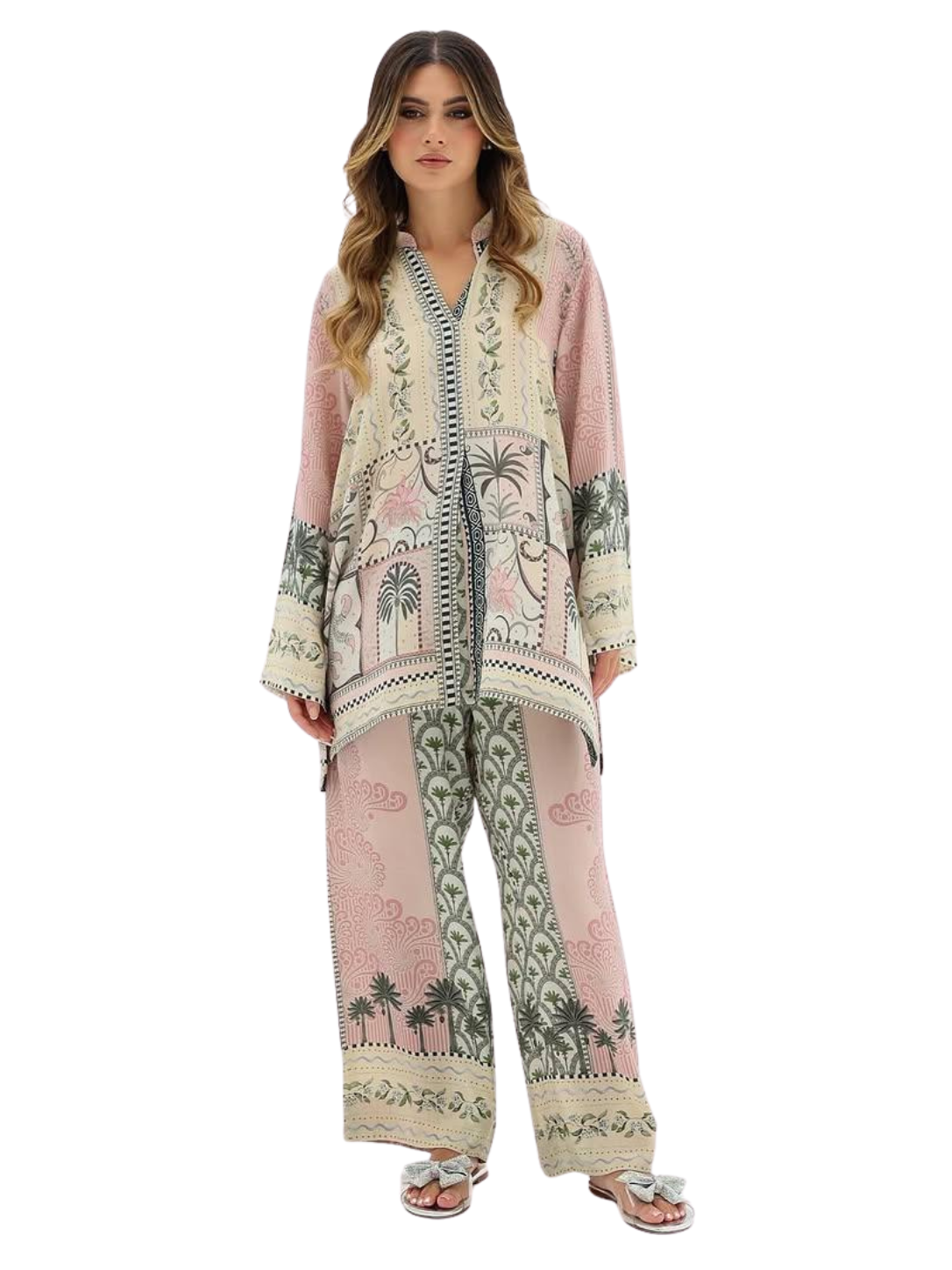 Women's Printed Co-Ord Set – Pink Floral Kurta & Wide Leg Pants