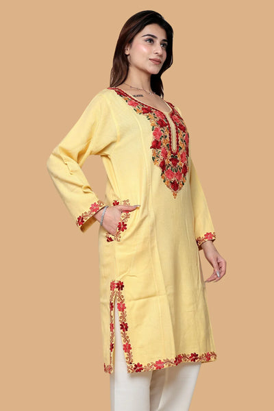 Yellow Kashmiri Woolen Phiran for Women - Aari Embroidery