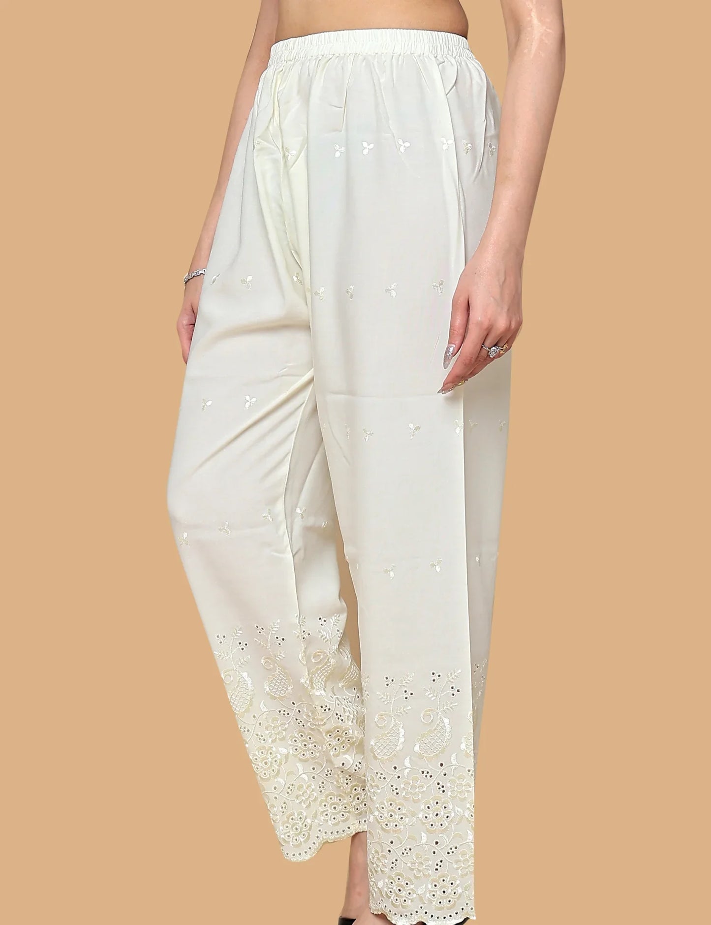 Cream Cotton Palazzo with Embroidery