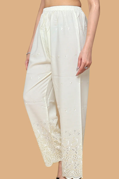 Cream Cotton Palazzo with Embroidery