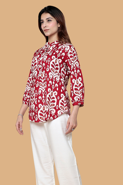Red Printed Cotton Short Kurti