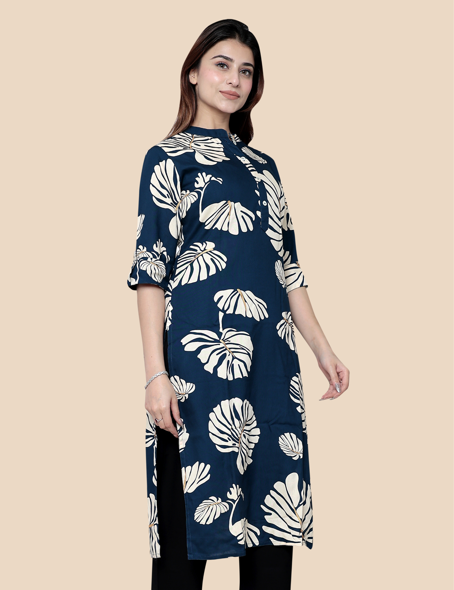 Navy Blue Printed Long KURTI