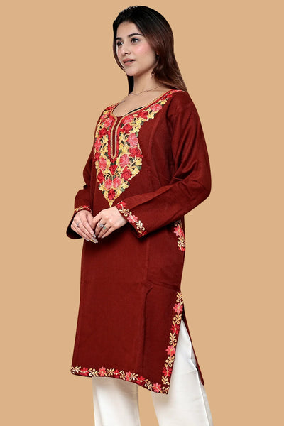 Red Woolen Phiran with Kashmiri Aari Embroidery for Women