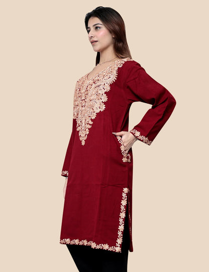 Red Kashmiri phiran embroidery detail