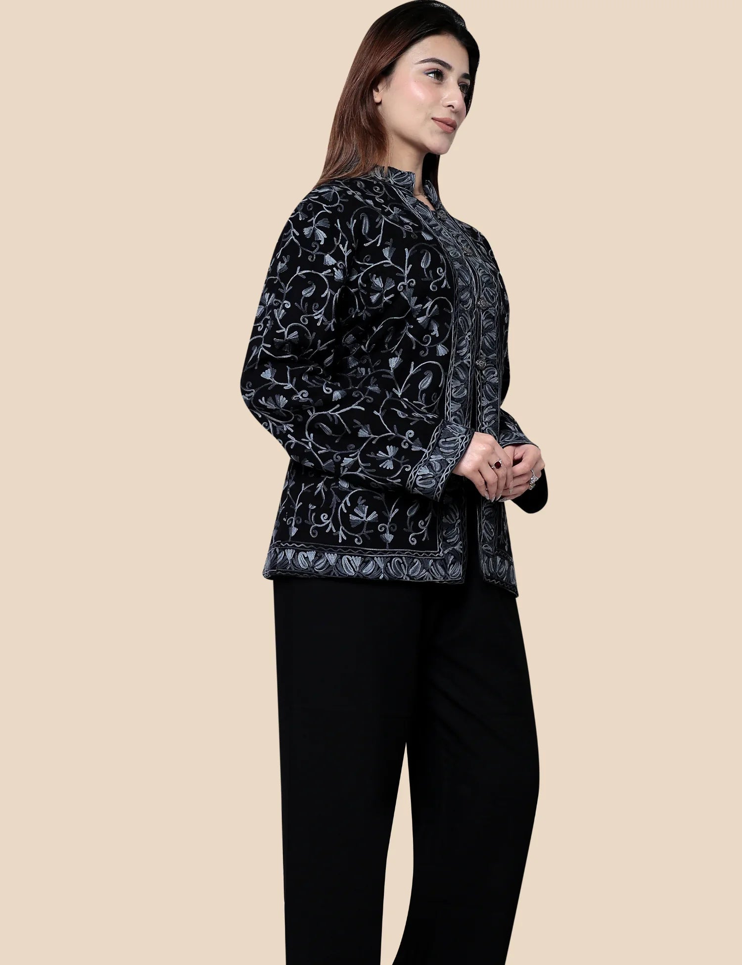 Black woolen short coat detail