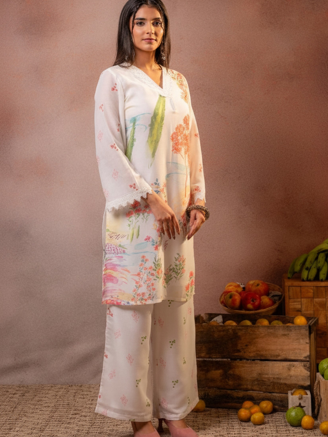 Off White Pure Mal Cotton Printed Co-Ord Set for Women