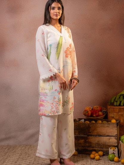 Off White Pure Mal Cotton Printed Co-Ord Set for Women