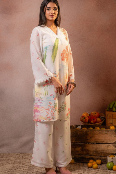 Off White Pure Mal Cotton Printed Co-Ord Set for Women
