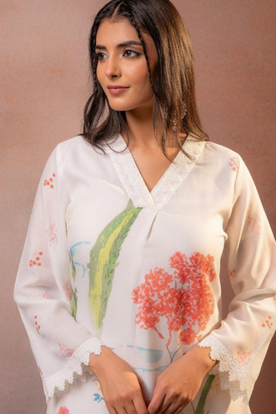 Off White Pure Mal Cotton Printed Co-Ord Set for Women