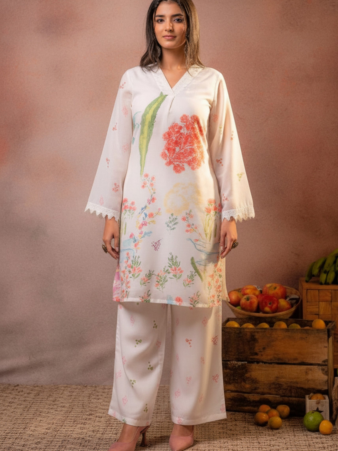 Off White Pure Mal Cotton Printed Co-Ord Set for Women
