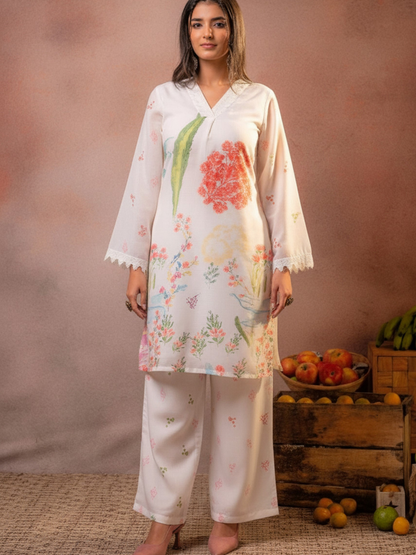 Off White Pure Mal Cotton Printed Co-Ord Set for Women