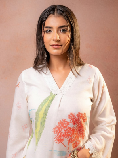 Off White Pure Mal Cotton Printed Co-Ord Set for Women