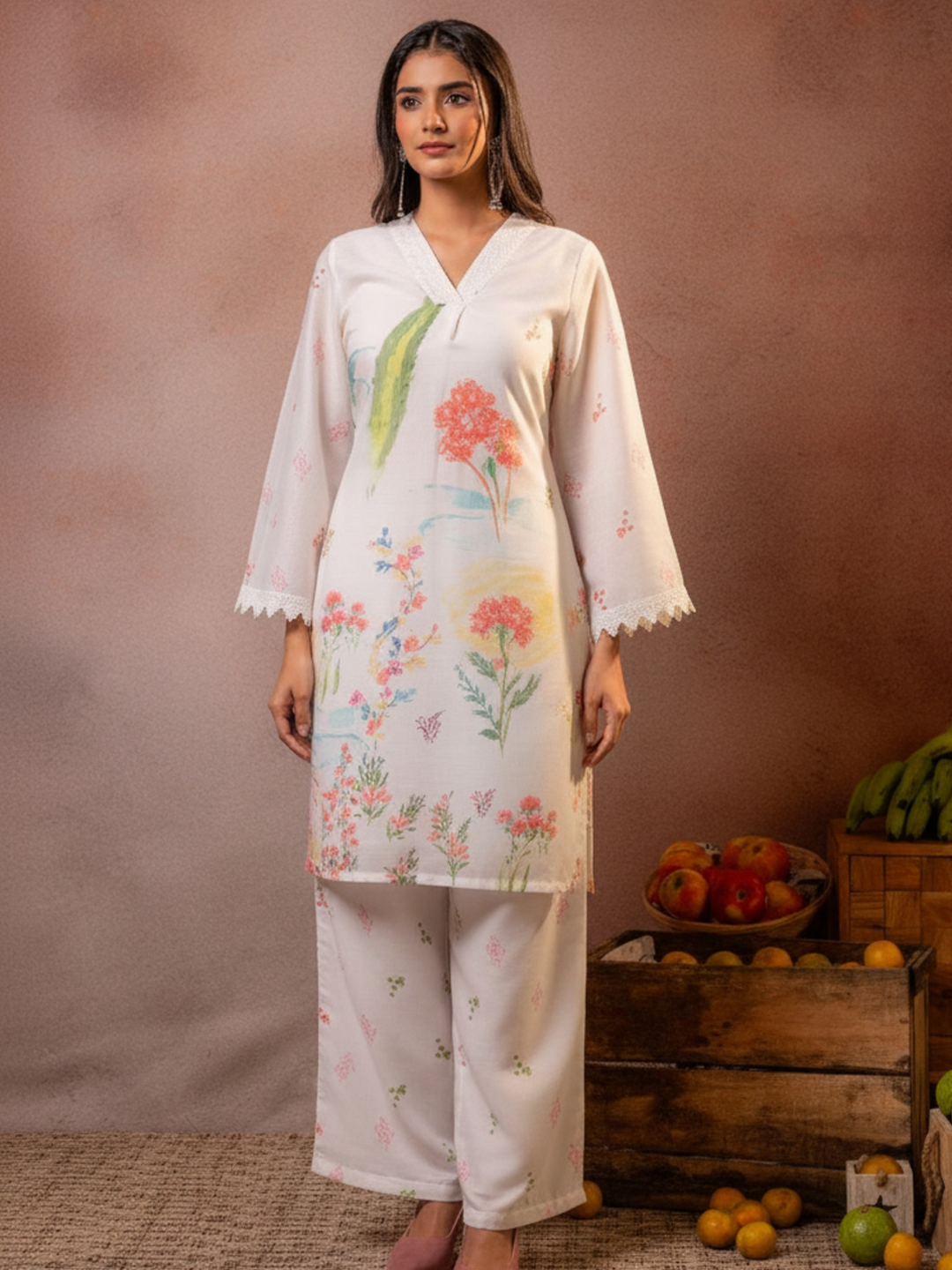 Off White Pure Mal Cotton Printed Co-Ord Set for Women