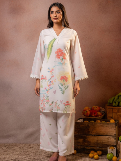 Off White Pure Mal Cotton Printed Co-Ord Set for Women