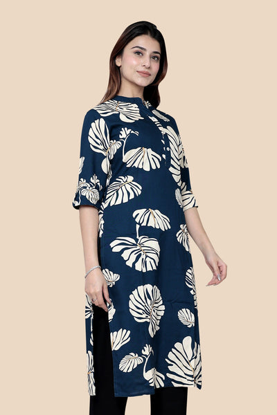 Navy Blue Printed Long Kurti