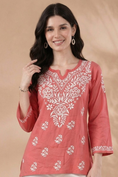 Peach Rayon Short Kurti with Hand Lakhnavi Embroidery for Women