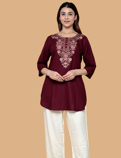 Red printed short kurti for women