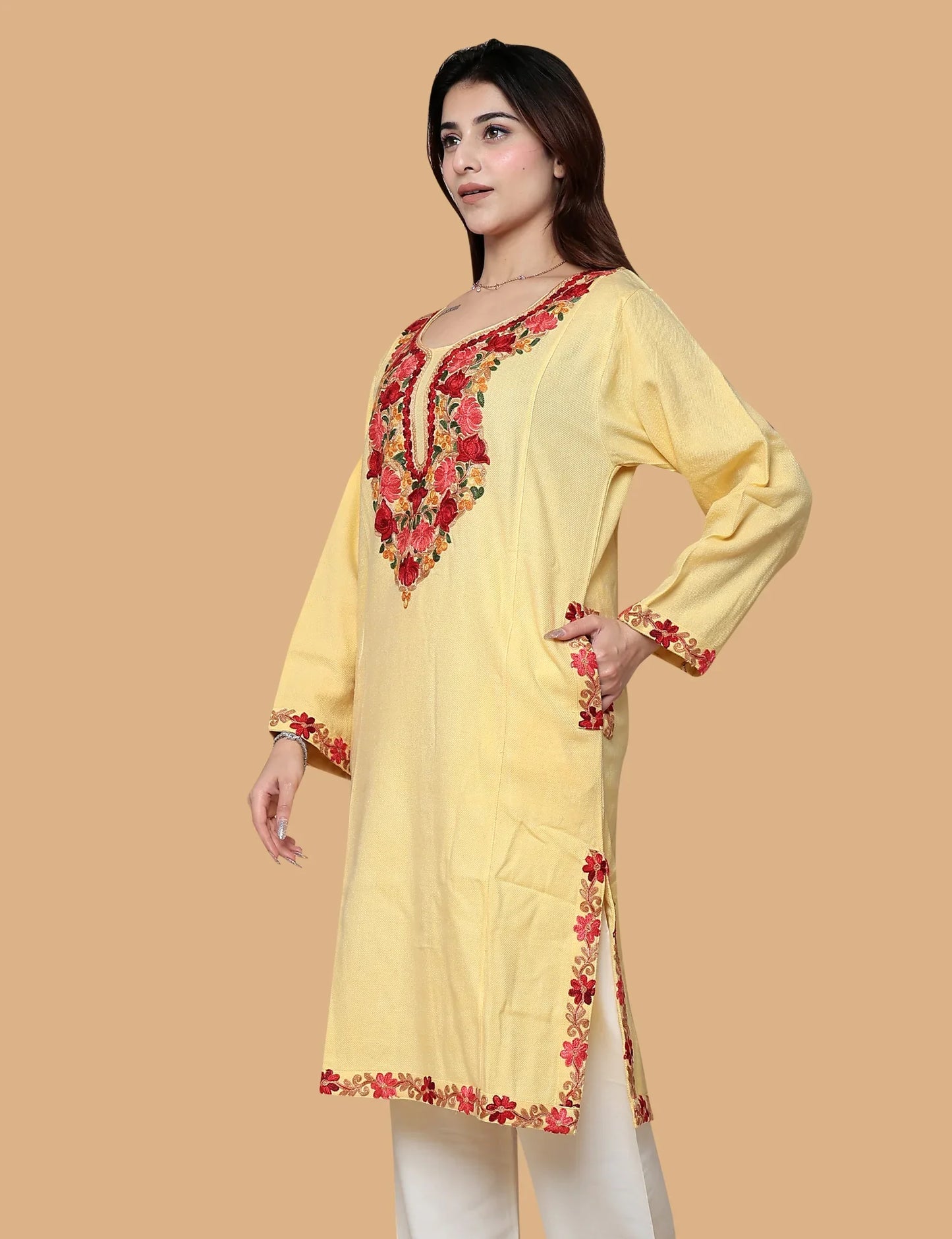 Yellow Kashmiri phiran embroidery detail