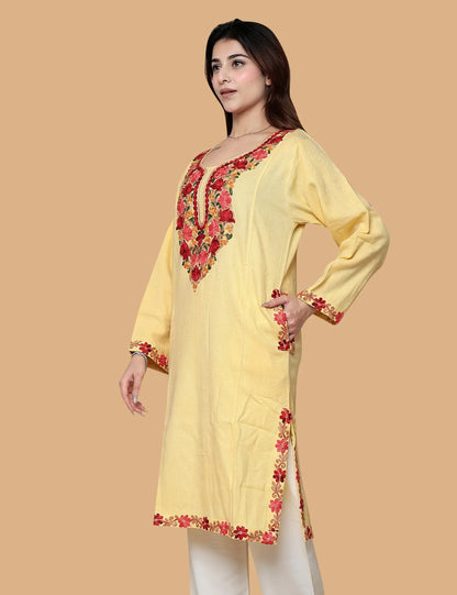 Yellow Kashmiri phiran embroidery detail