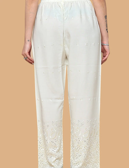 Cream Cotton Palazzo with Embroidery