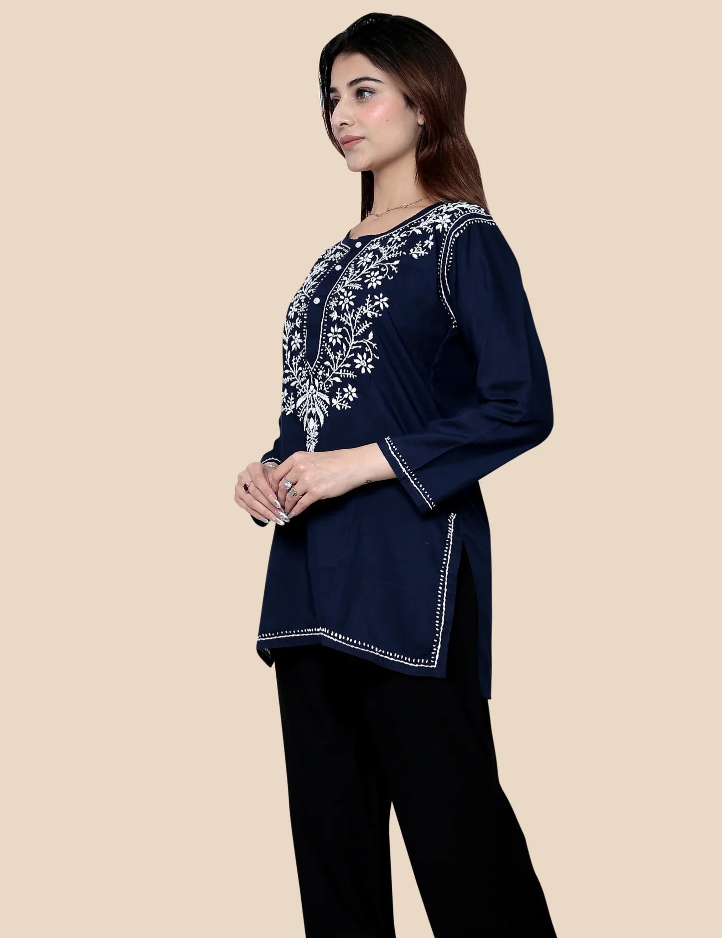 Navy blue embroidered kurti - front view