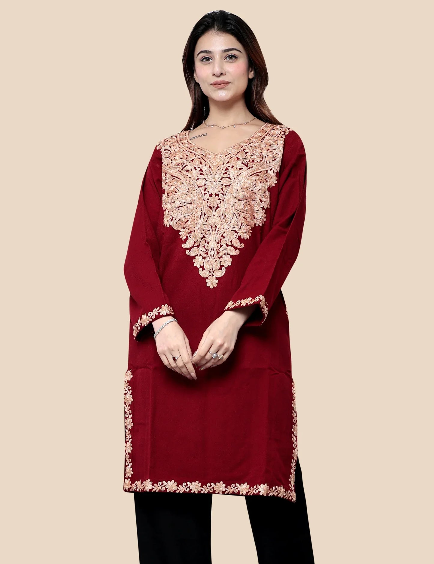 Red Kashmiri phiran for women with Aari embroidery