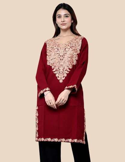 Red Kashmiri phiran for women with Aari embroidery